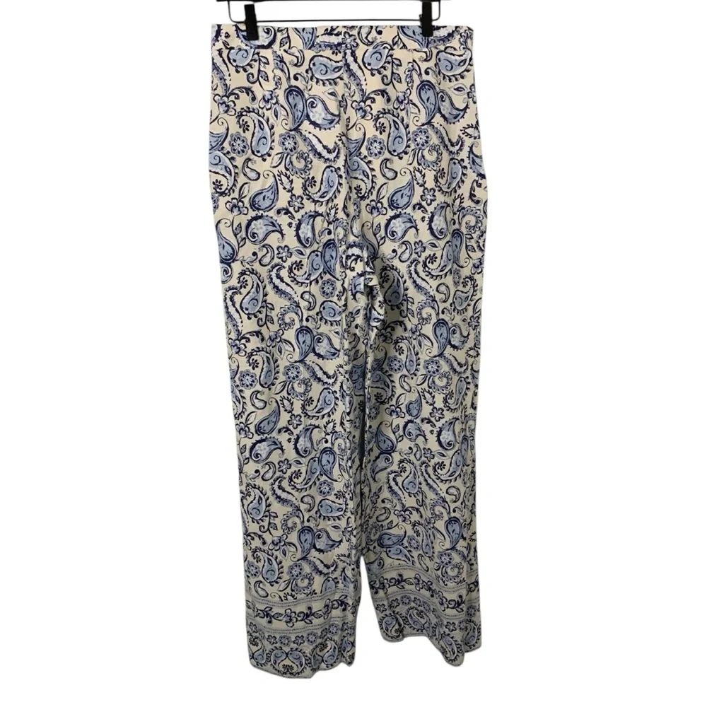NWT Zara Blue & Cream Women’s XL Linen Blend Wide Leg Floral Paisley Pants